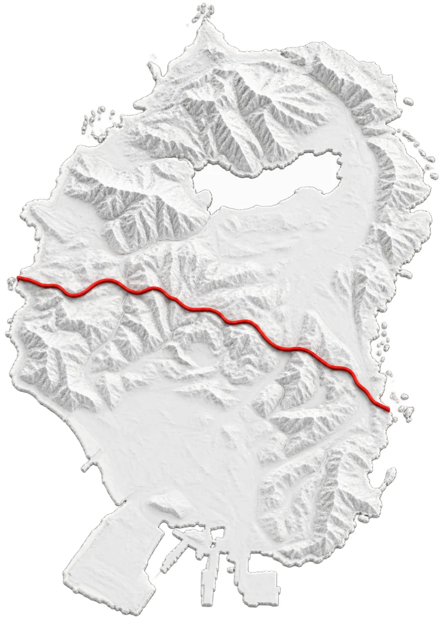 Carte de San Andreas, la ligne Senora tracée en rouge d’ouest en est
